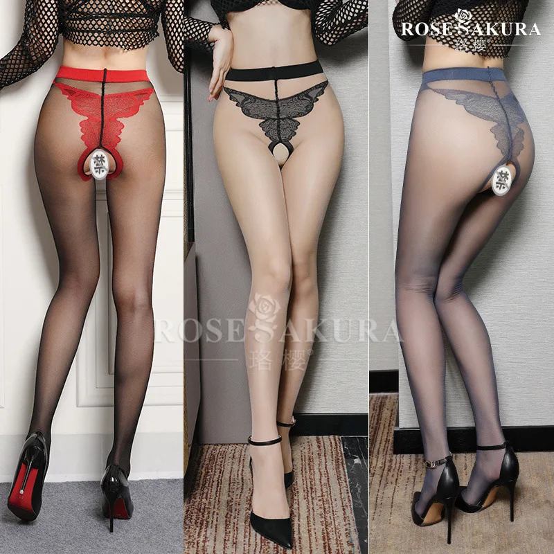 

Sakura Open Crotch Pantyhose Bikini Crotchless Silk Stockings Seduction Sexy Black Contrast Color Sexy Leg Beauty 0832