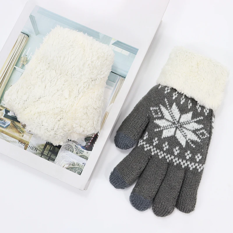 Fashion women snowflake knitted Plush Thick winter Gloves Touchscreen Finger Warm Adult Gloves