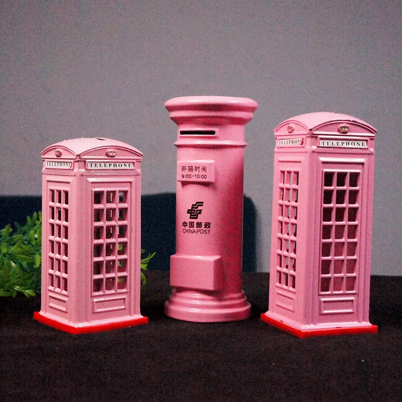 Pink Retro Mailbox Metal Money Bank Creative British Postal Iron Telephone Booth Model Ornament Home