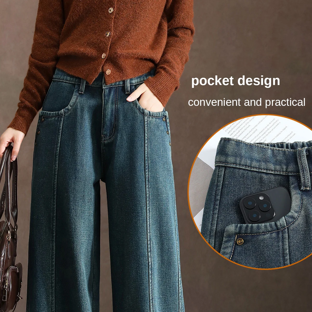 جينز LOUIS YAO من قماش الدنيم مبطن بالصوف سميك مستقيم الساق لخريف وشتاء 2025 جينز نسائي طويل فضفاض عالي الخصر من القطن