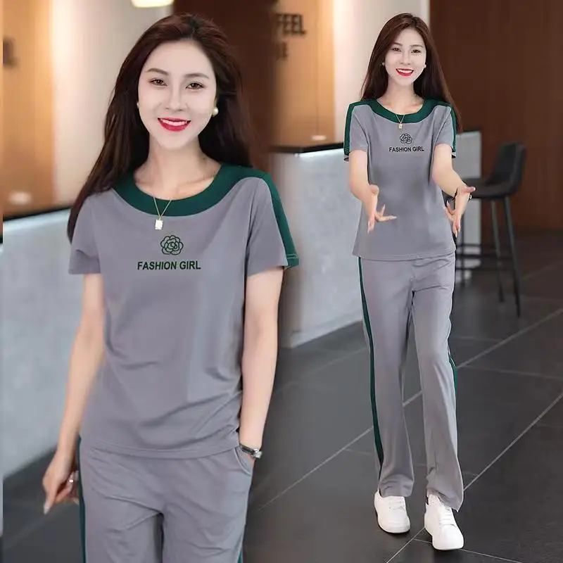 Leisure Sportswear Suit For Women Matching Sets Summer 2024 New Loose Fitting Outfits Fashion Short Sleeved Tops Pants Two Piece