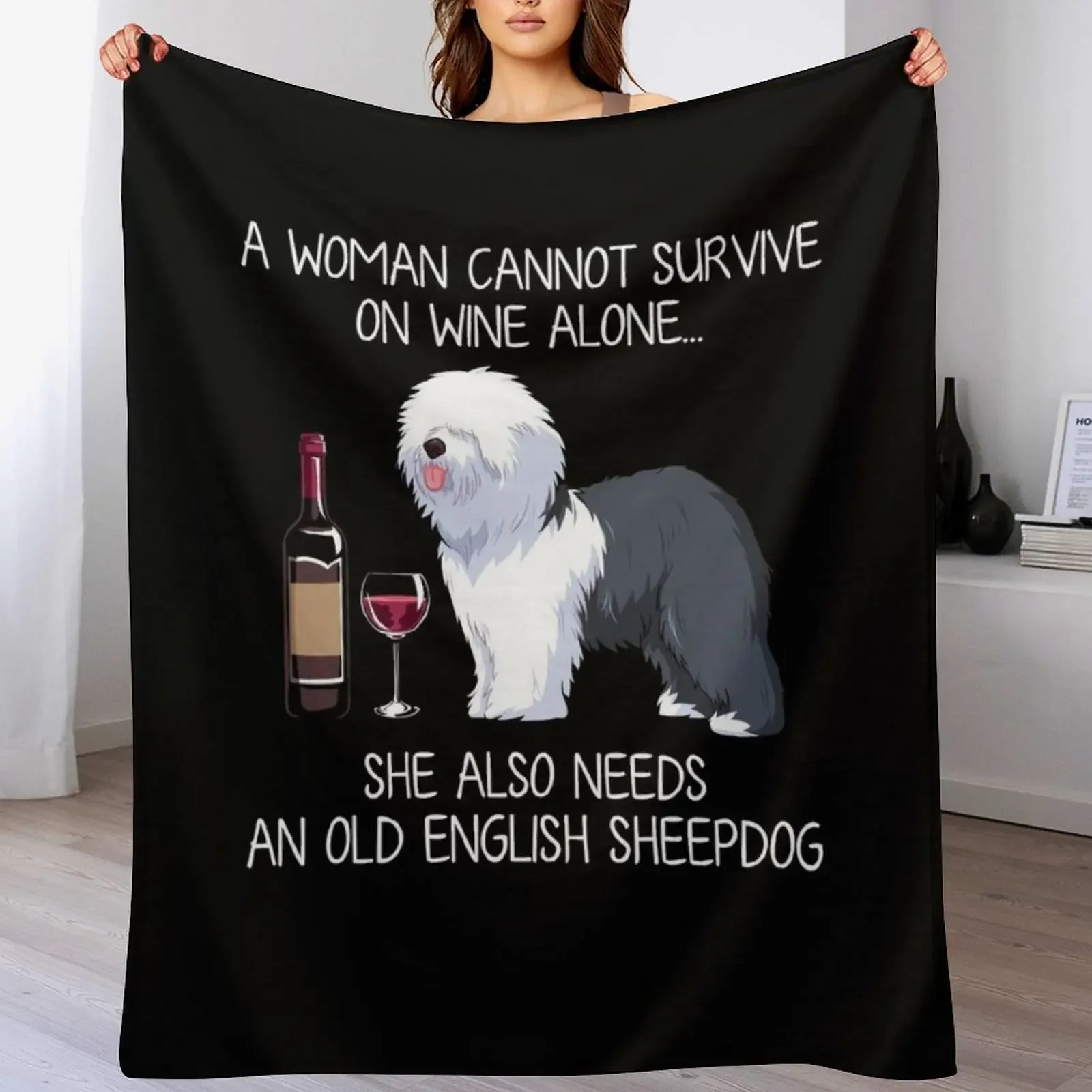 Old English Sheepdog and wine Funny dog Throw Blanket Foldable Soft Warm Blanket for Outdoor Use
