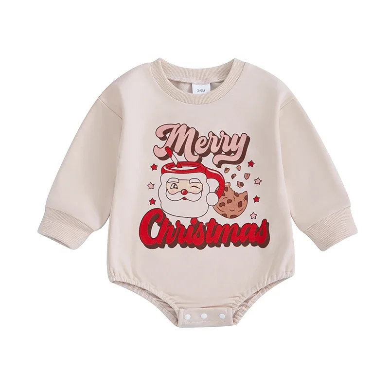 Baby Christmas Romper Long Sleeve Crew Neck Santa Cookie Print Bodysuit Newborn Winter Playsuit