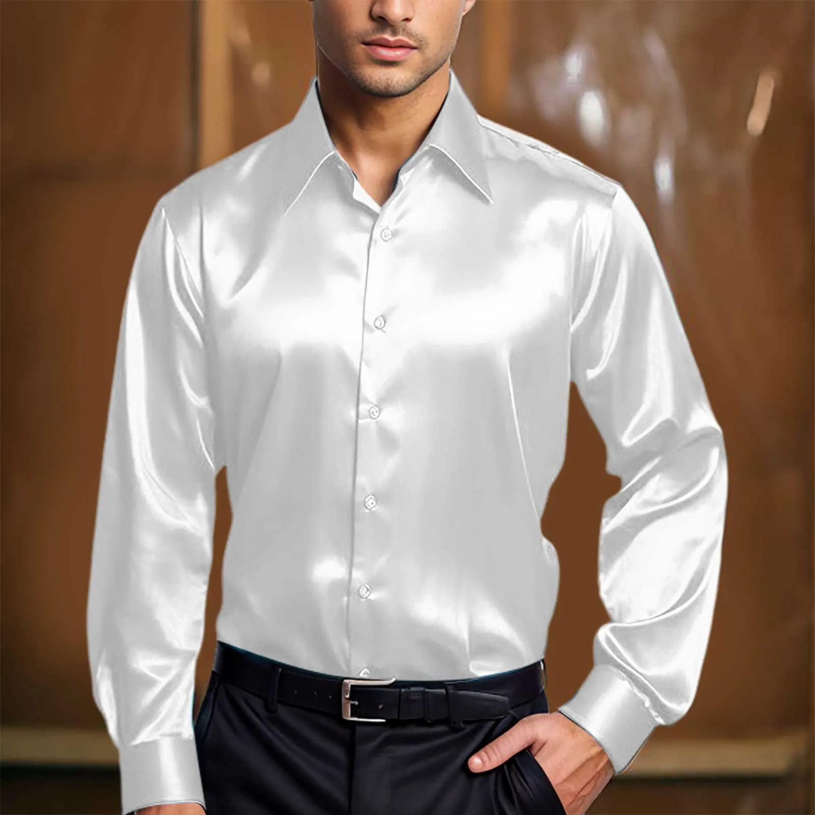 Vintage Light Pure Color Slim Shirt Luxury Satin Shirts Men Fall Fashion Long Sleeve Button Turn-down Collar Top Mens Streetwear