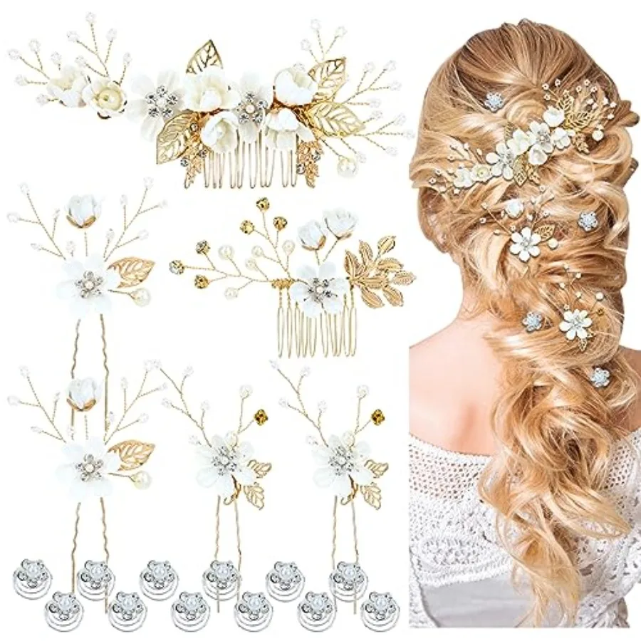 

18 Pieces Bridal Wedding Party Prom Pearl Rhinestone Flower Hair Side Combs Slides+U-shaped Flower Hair Pins+Twist Spiral Hairp