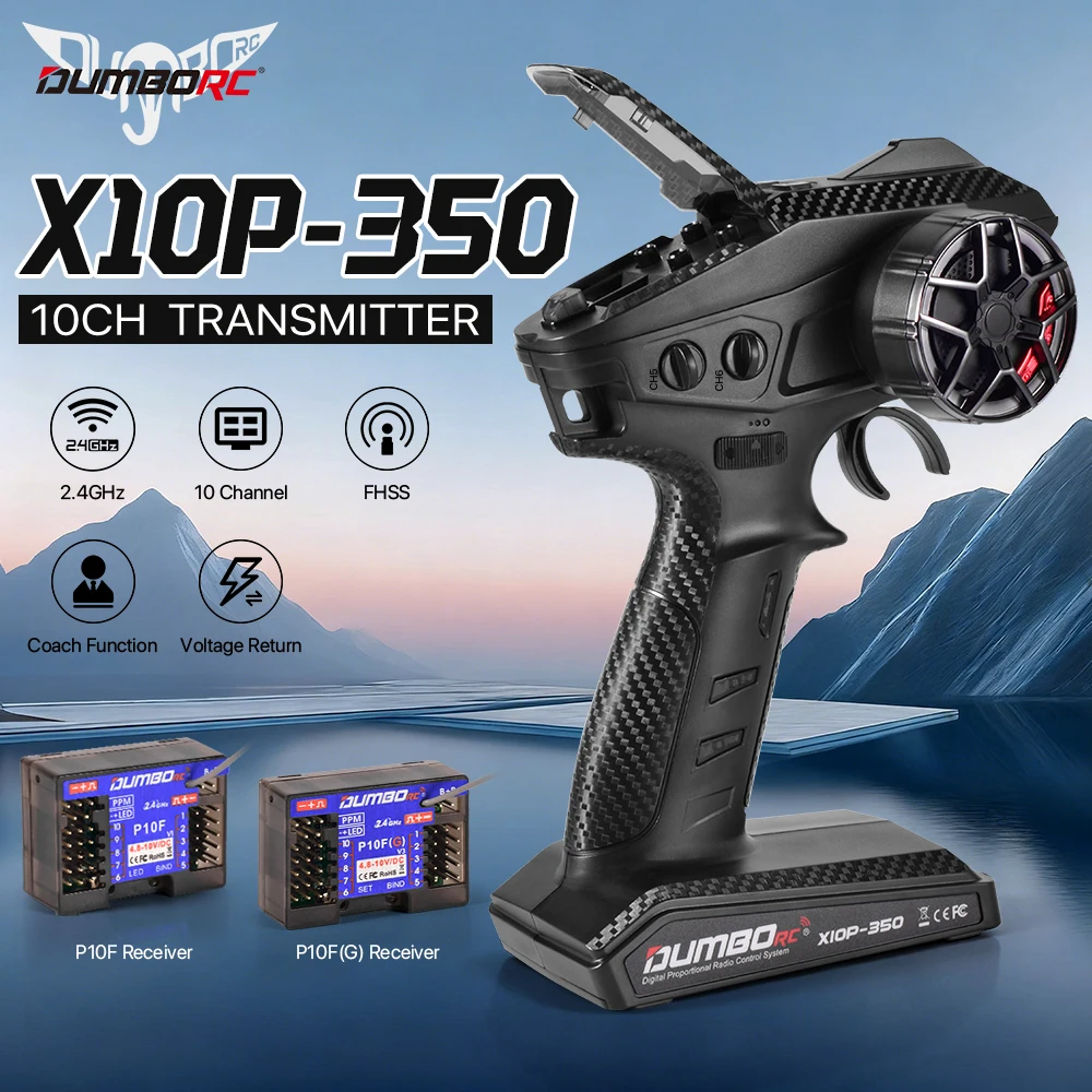DUMBORC X10P-350 RC Transmitter 2.4GHz 10CH Remote Controller 350-400M with Voltage Telemetry for RC Car Boat Tank
