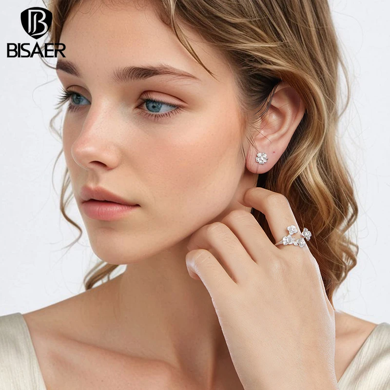 BISAER 925 Sterling Silver Frosted Texture Flower Jewelry Set Zircon Stud Earrings Open Ring for OL Women Party Fine Jewelry