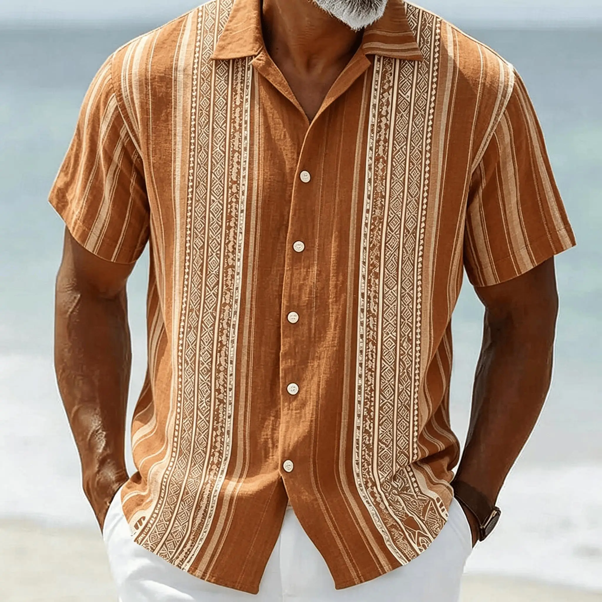 

Men's Brown Gold Ethnic Striped Print Short Sleeve Shirt, Vintage Boho Button Up Shirt for Spring & Summer