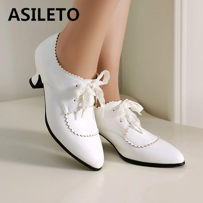 ASILETO 2025 Spring Mature Women Pumps Round Toe Small Heels 5cm Lace Up Strap Large Size 43 44 US12 Shoes White Black Brown