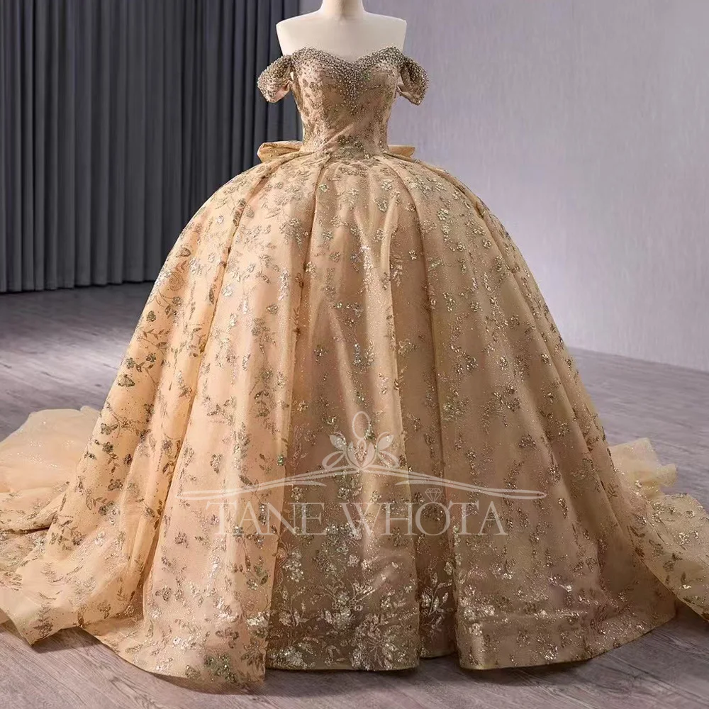 

Gold Customizable Evening Dress Sweetheart Off The Shoulder Lace Up Back Beaded Crystal Sequined Bow Robe De Soirée 2025 Luxe