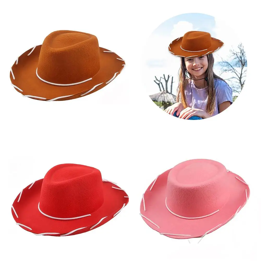 Children Brown Red Felt Woody Cowboy Hat Adjustable Western Big Brimmed Cowboy