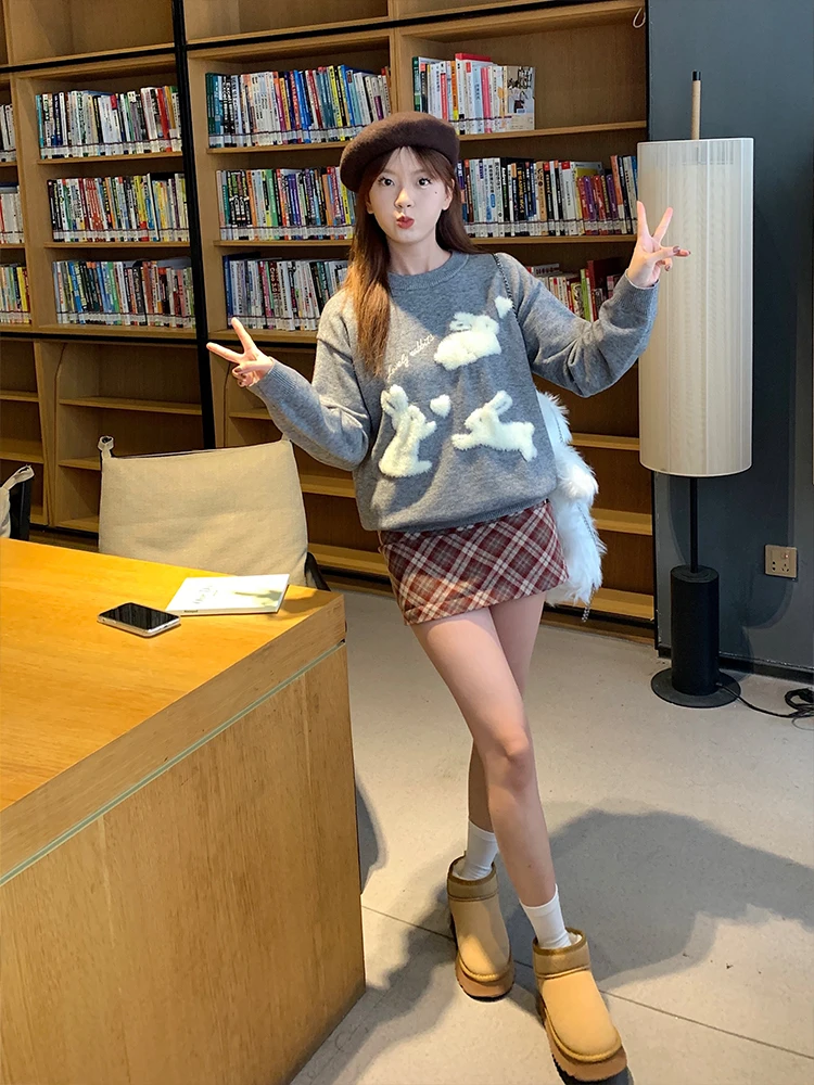 Sweet Sle round Ne Knitted Sweater ort Loose Animal Design Overhead Salted Plum JK Rabbit Cute Top for Women Winter 2024