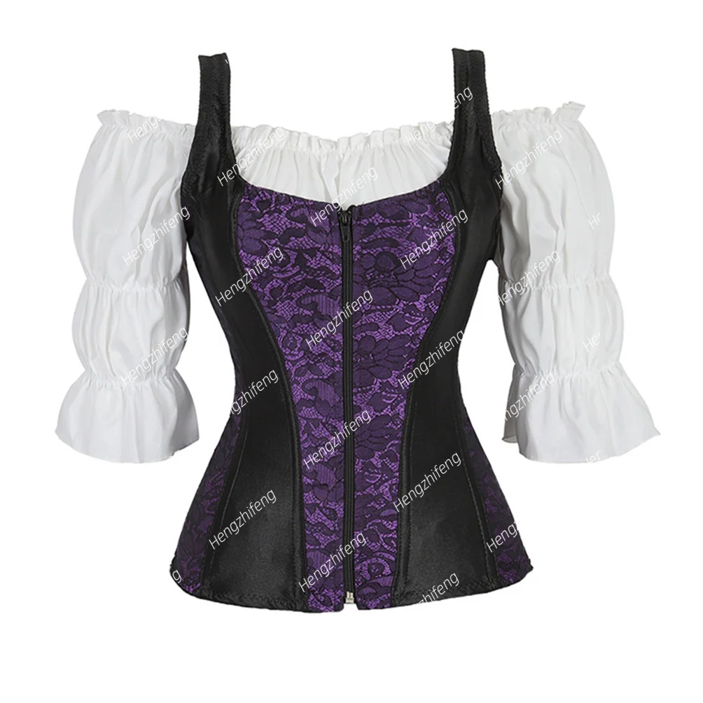 

Woman Corset with Blouse Flower Lace Up Corsets Zipper Shoulder Strap Bustier Overbust Costumes Sexy Style Brocade Goth Outfit