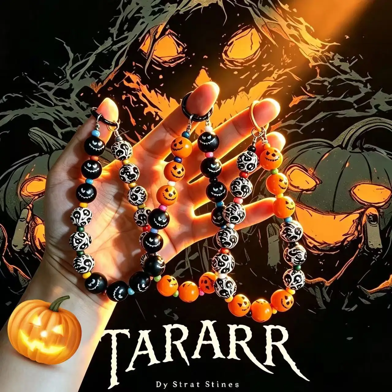 Wooden Bead Phone Strap Pendant Ghost Pumpkin Bat Halloween Fun Lightweight Portable Durable Lanyard Charm for Women Men Gift