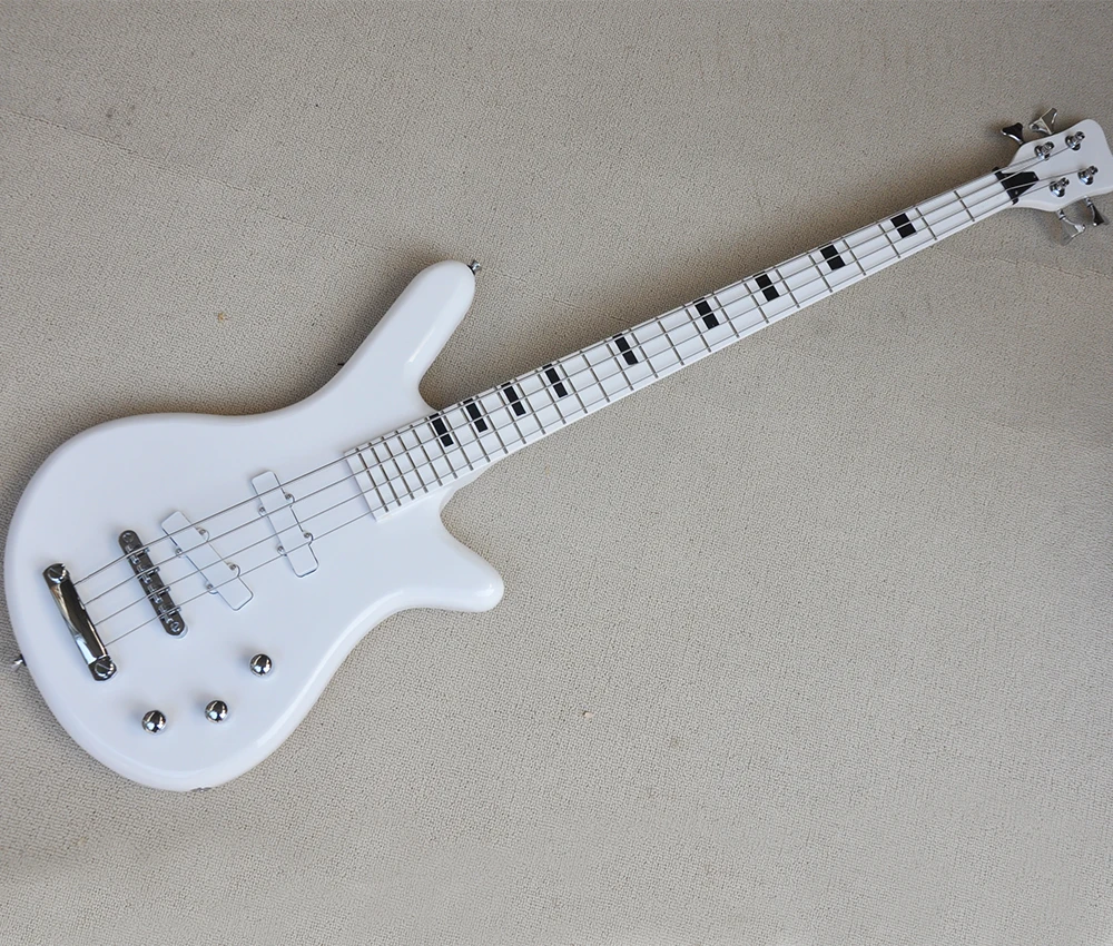 4 Strings White Electric Bass with 26 Frets,Slanted Pickups,Custmizable