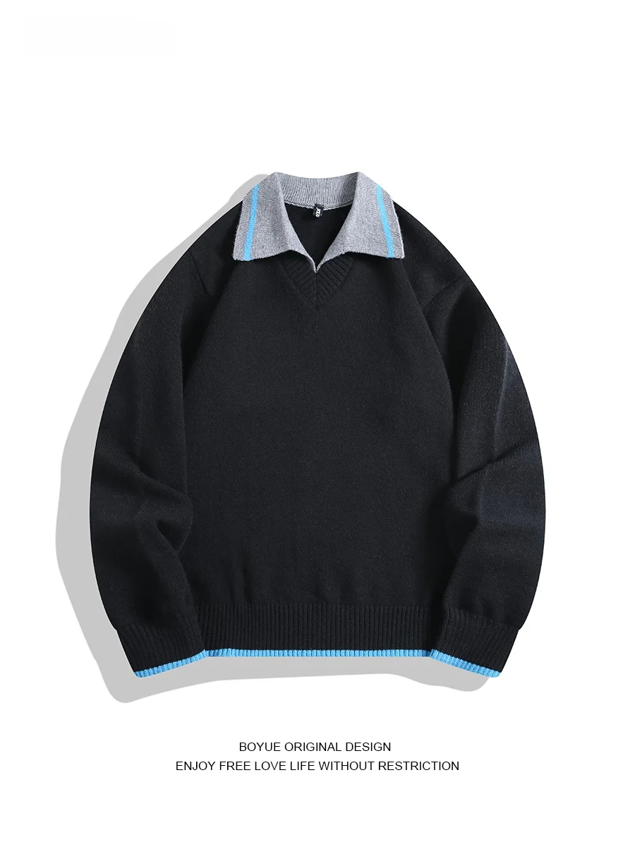 

Мужской вязаный свитер BOYUE с воротником-стойкой, имитация двухслойного дизайна, уличный стиль, контрастные цвета, базовый слой, молодежная зимняя одежда