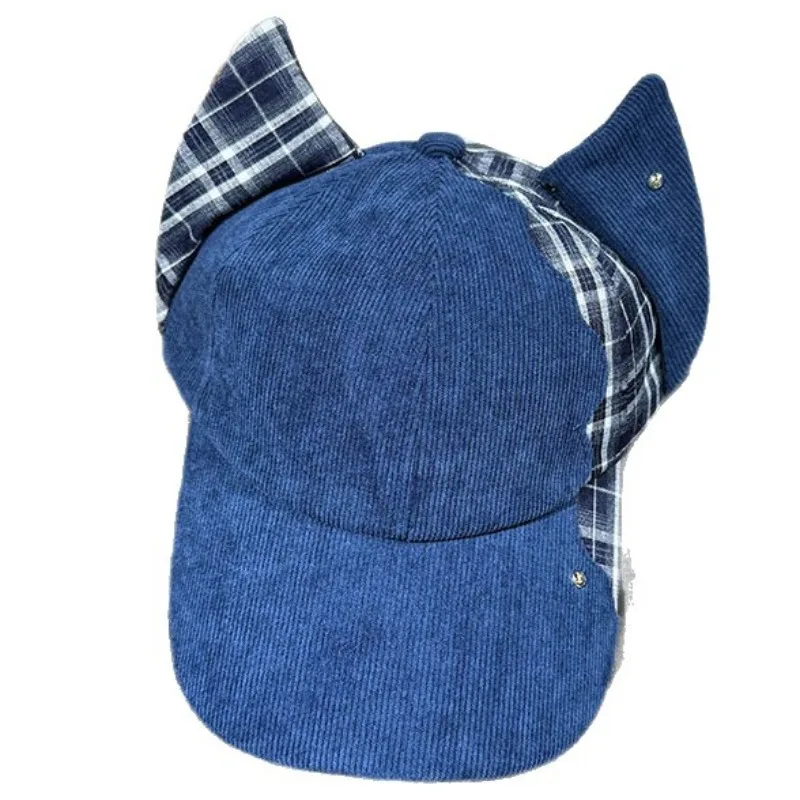 Koreanische karierte Cord-Baseballkappe mit Katzenohren, Herbst- und Wintermode, Y2K-Sonnenschutz, warme Sportmütze, Gorros für Damen – Detail 7