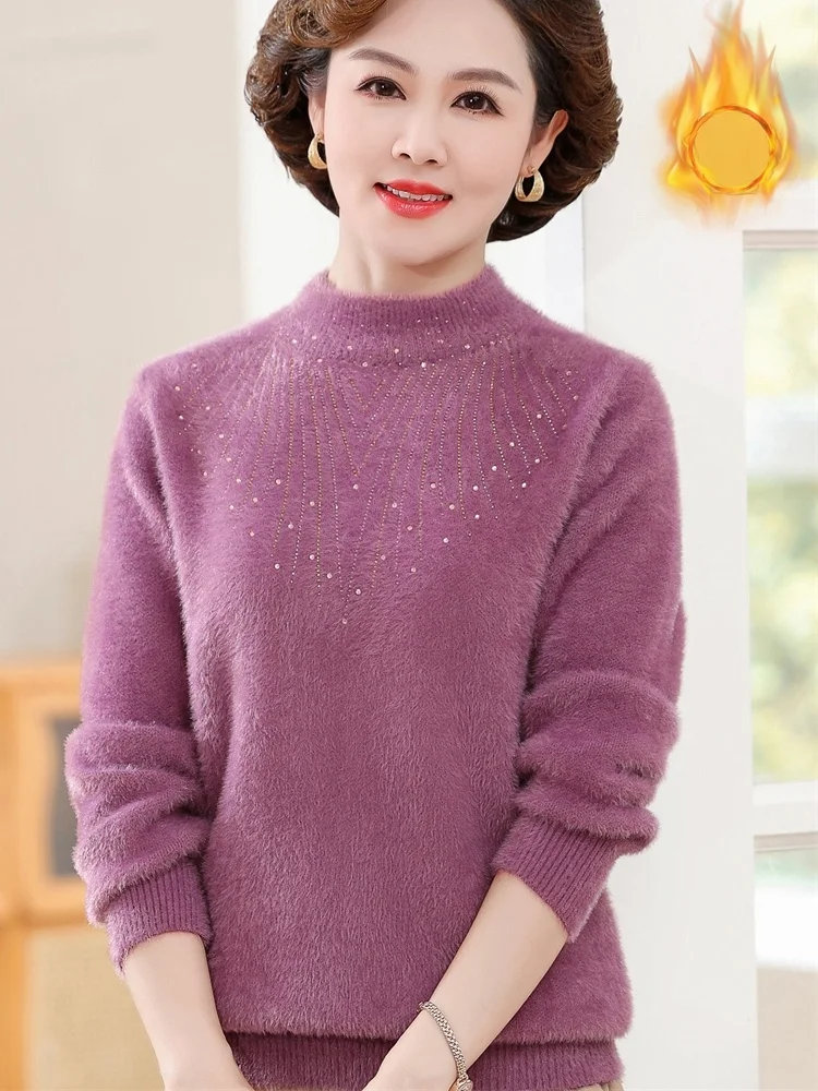 

plus Size Thiened Faux Fur Knitted Sweater High Collar Warm Breathable Casual Sle for Middle-Aged And ly Women