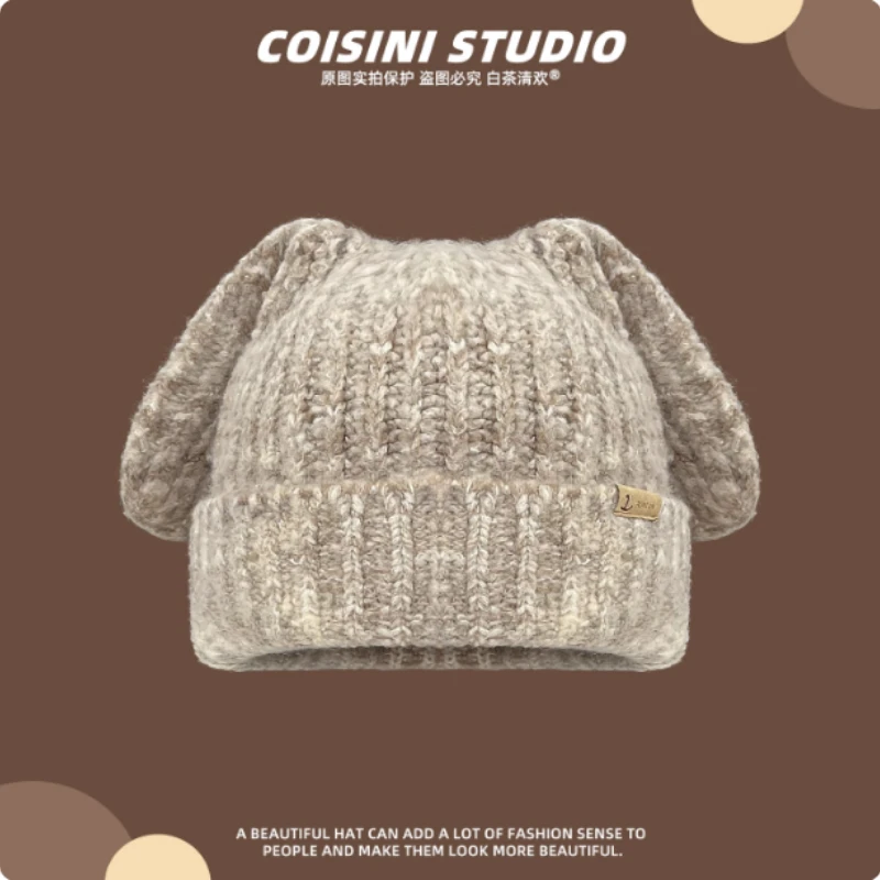 لطيف أرنب الأذن مختلط اللون قبعة صغيرة محبوكة قبعات للرجال والنساء في الخريف والشتاء في الهواء الطلق الدافئة كبيرة الرأس تزلج الجمجمة قبعة #4