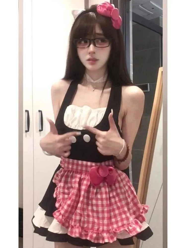 

Комплект из двух предметов: фартук в клетку и пышная юбка с завышенной талией для женщин, визуально стройнящая фигуру, в стиле Sweet Girl Pure Desire