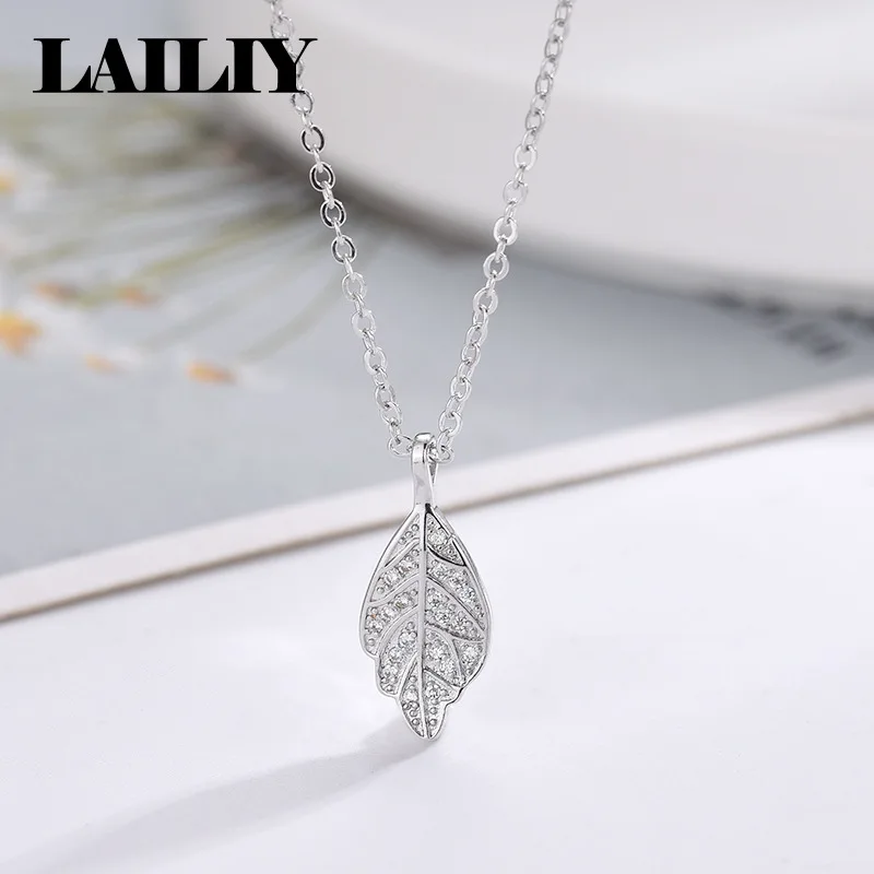 LAILIY925 Sterling Silver 18K Gold Micro set Zircon Golden Branch Jade Leaf Pendant Necklace for Women Fashion Jewelry