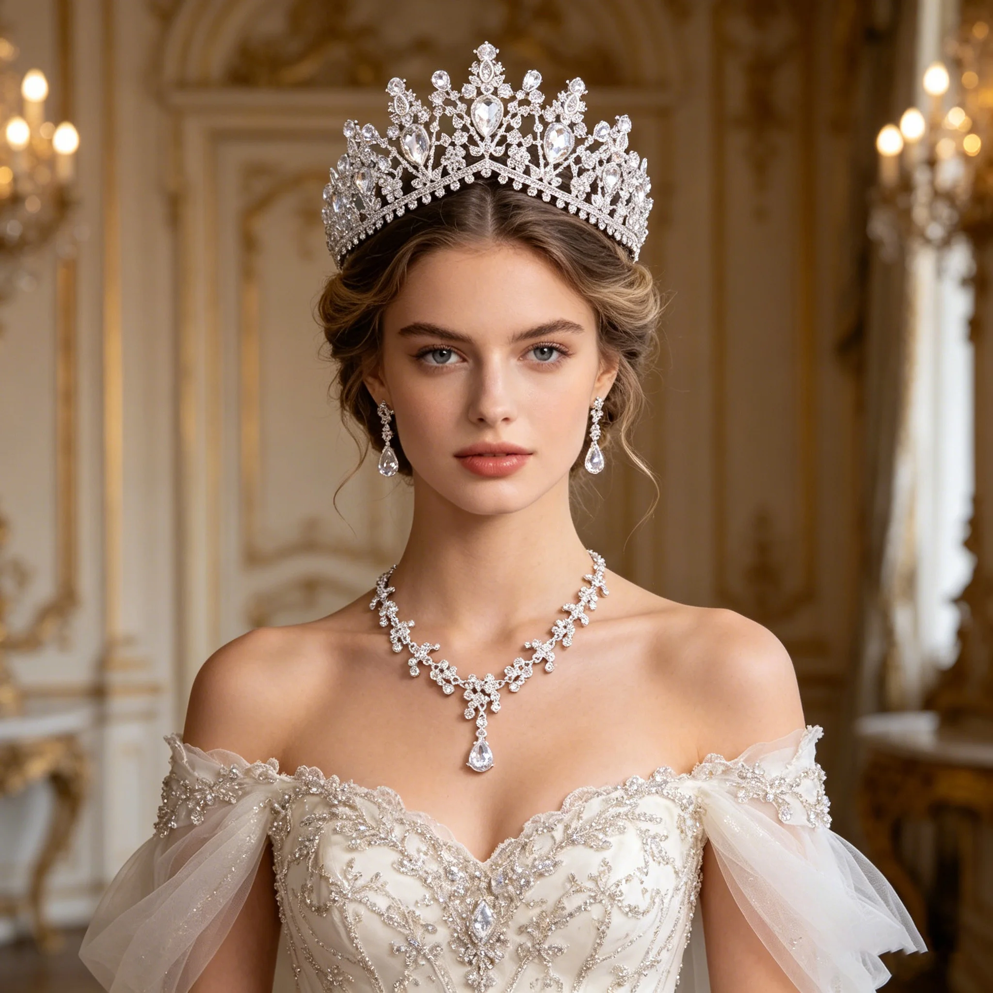 

3-piece silver vintage Baroque bridal crown necklace and earring set, perfect for weddings and ball gowns