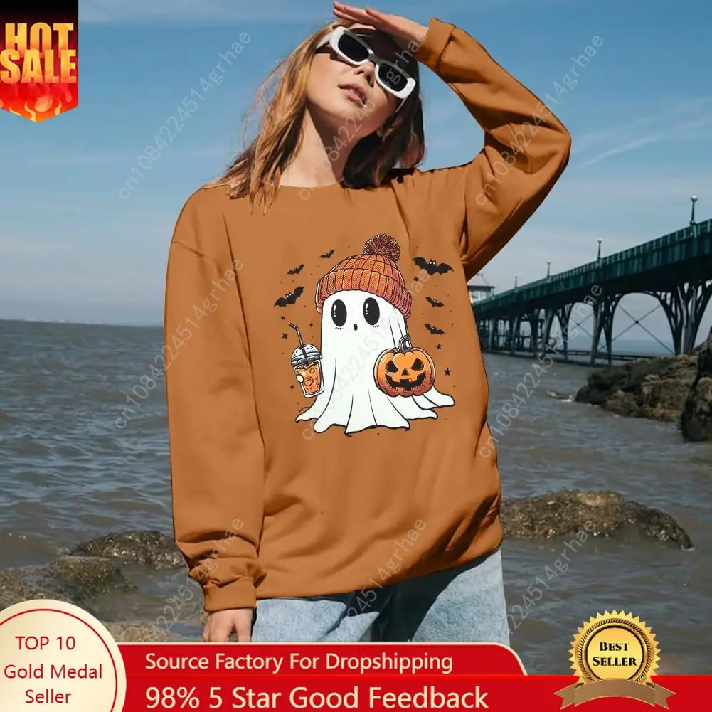 Bluzy na Halloween ASTANFY dla kobiet, koszulki z długim rękawem z motywem ducha i dyni, graficzne t-shirty dla miłośniczek kawy, jesienne, upiorne bluzy.