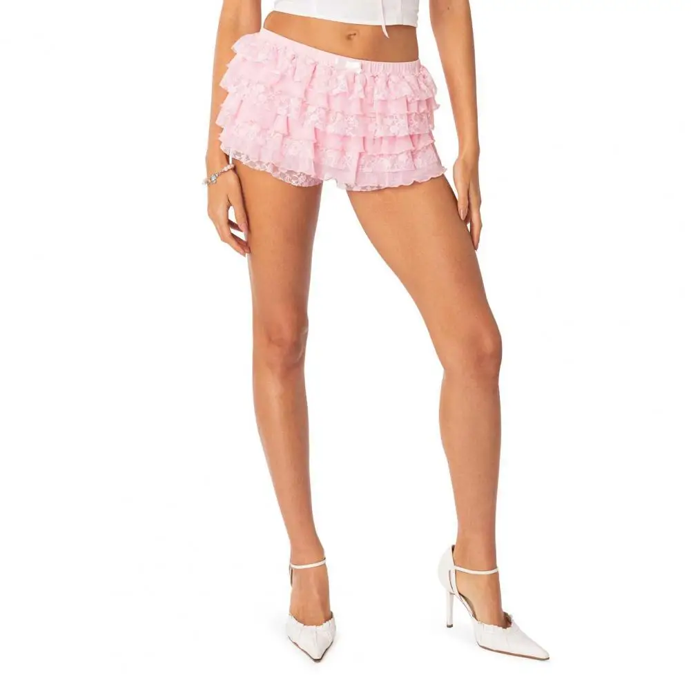 Lace Bloomers Shorts Solid Color Ruffled Multi Layered Elastic Waistband Mini Shorts Cosplay Costume Wear