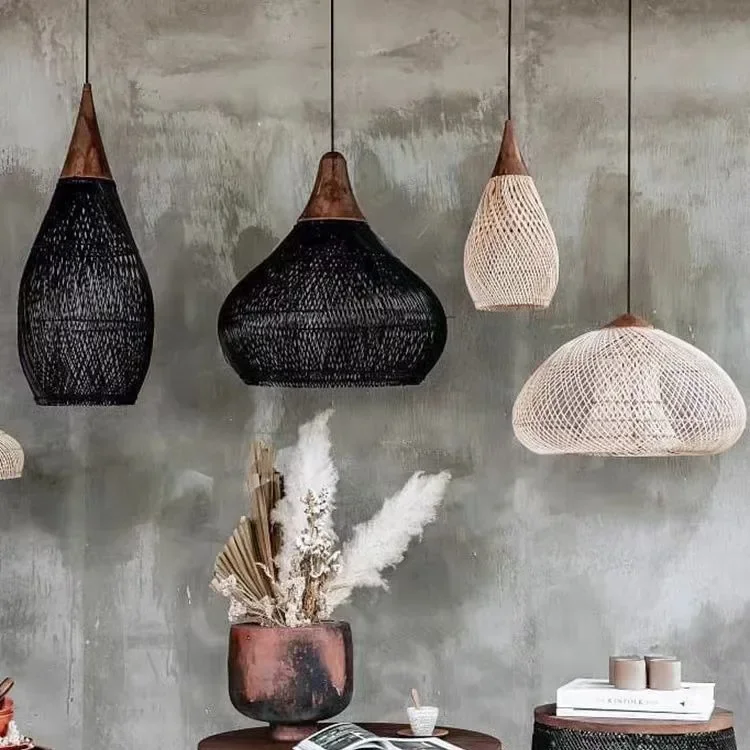 SANDYHA Retro Handmade Rattan Pendant Light Ceiling Chandelier for Kitchen Island Dining Table Living Room Led Hanging Lamp