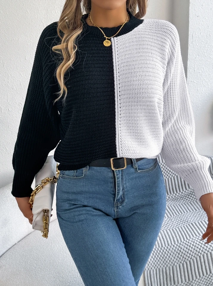 

Fashionable Casual Color Blocking Knitted Sweater for Women Pullover Women Trends 2025