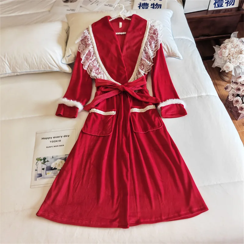 Island Velvet Warm Women's Pajamas Robe New Thicken Winter Sleepwear For Sleeping Wedding Dress Loose Shower Bathrobe Female