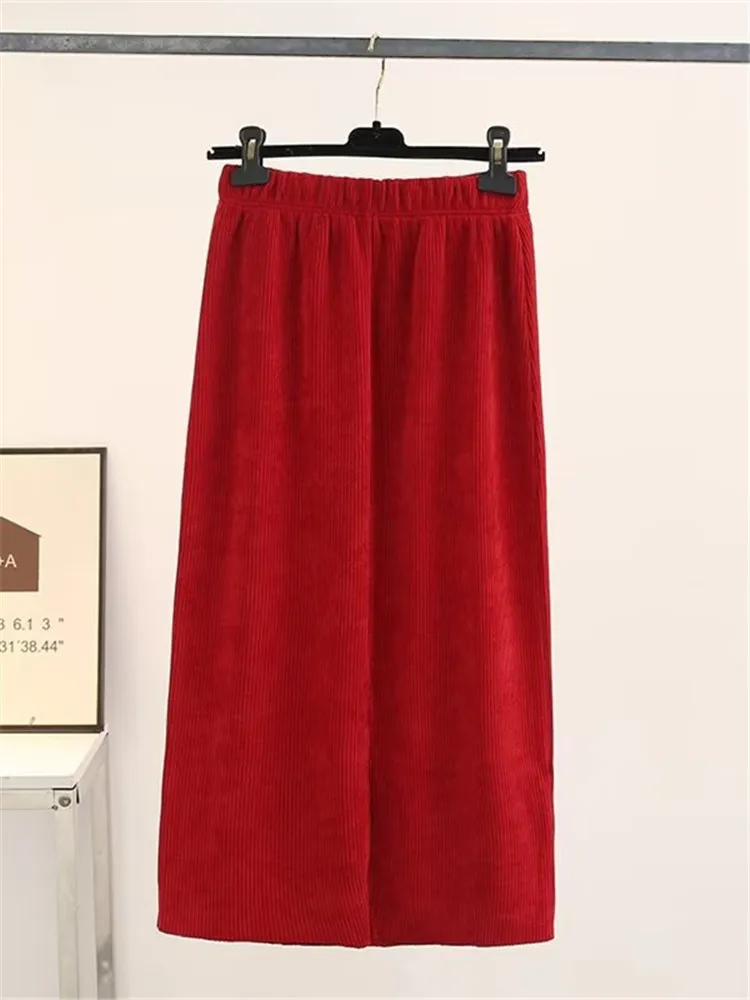 Plus Size Women's Straight Skirt Elasticated Waist And Calf-Length Skirt High Quality Corduroy Fabric Spring Skirt With Open Hem