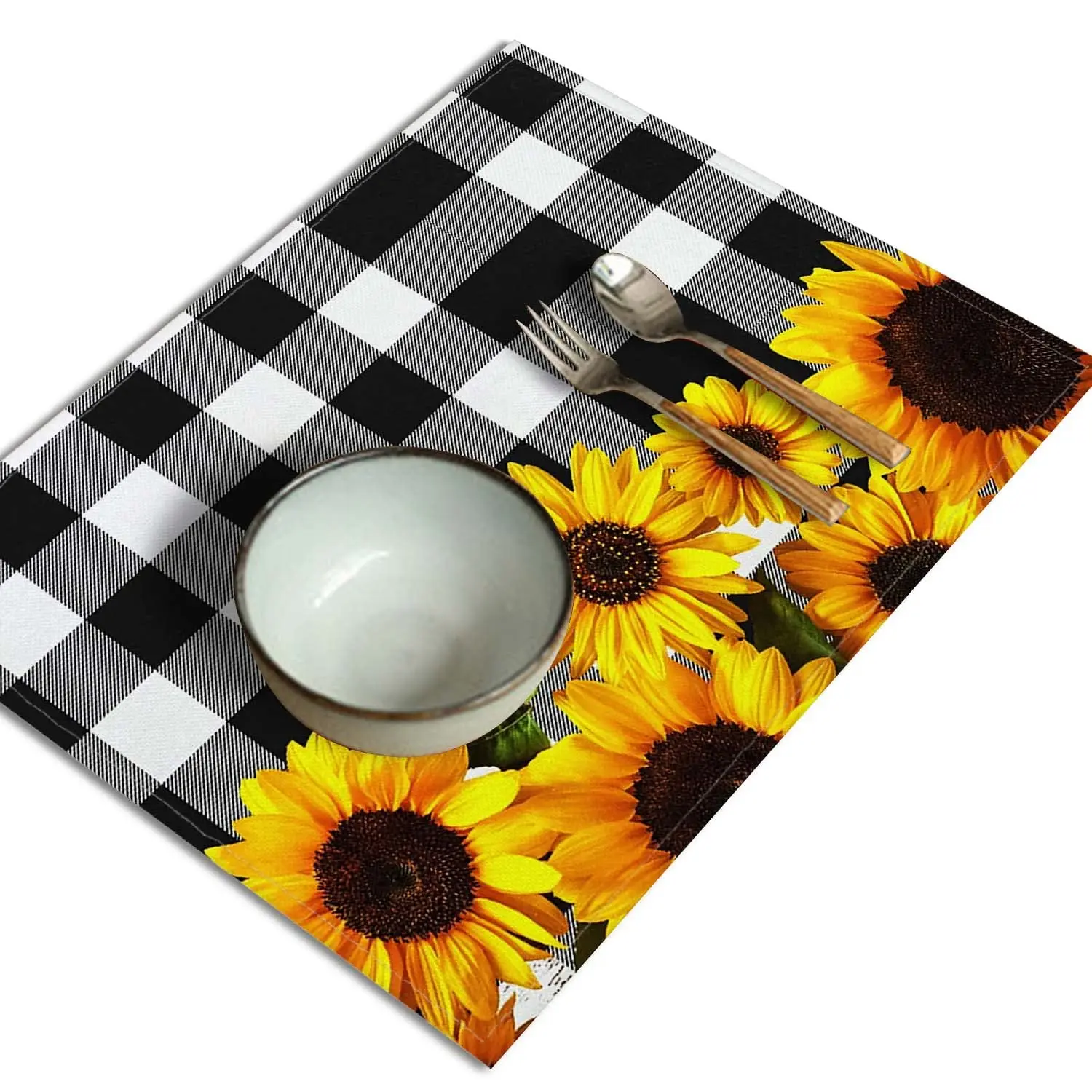 Linen placemats set of 4 for dining table, yellow sunflower, black and white lattice, rectangle, 12x18 inch