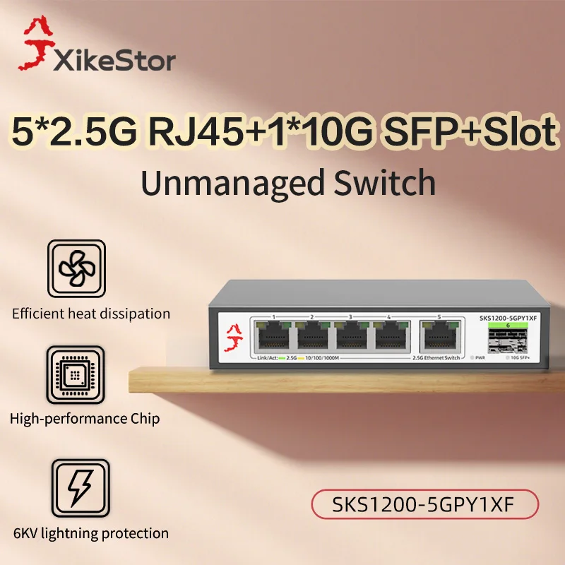 

Ethernet-коммутатор XikeStor, 2,5 ГБ, 5 x 2,5G RJ45 + 1 x 10G SFP+, неуправляемый коммутатор Plug and Play