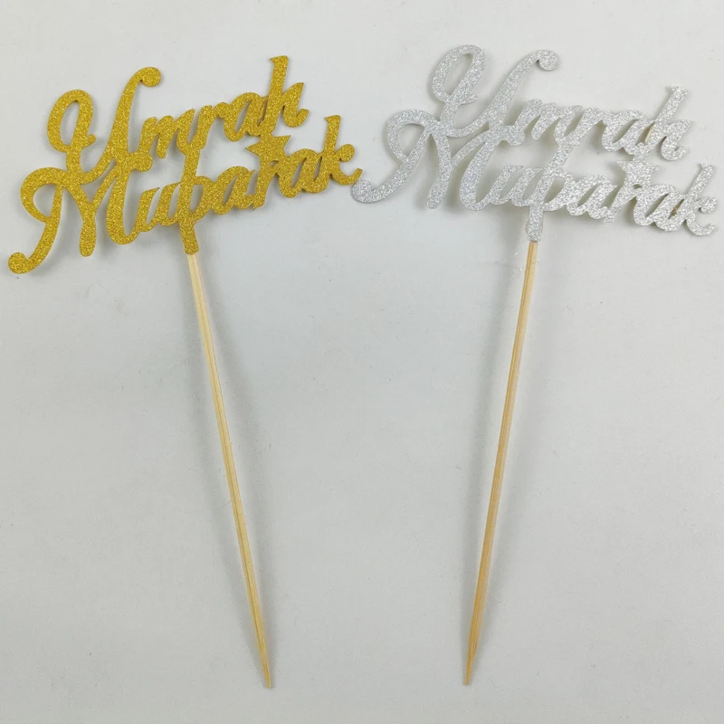 20 Pieces 3*5 Inch Glitter Gold and Glitter Silver Umrah Mubarak Cupcake Topper