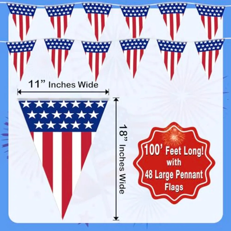 USA Flag Pennant Banner 100' FT. Long American String Flags 18