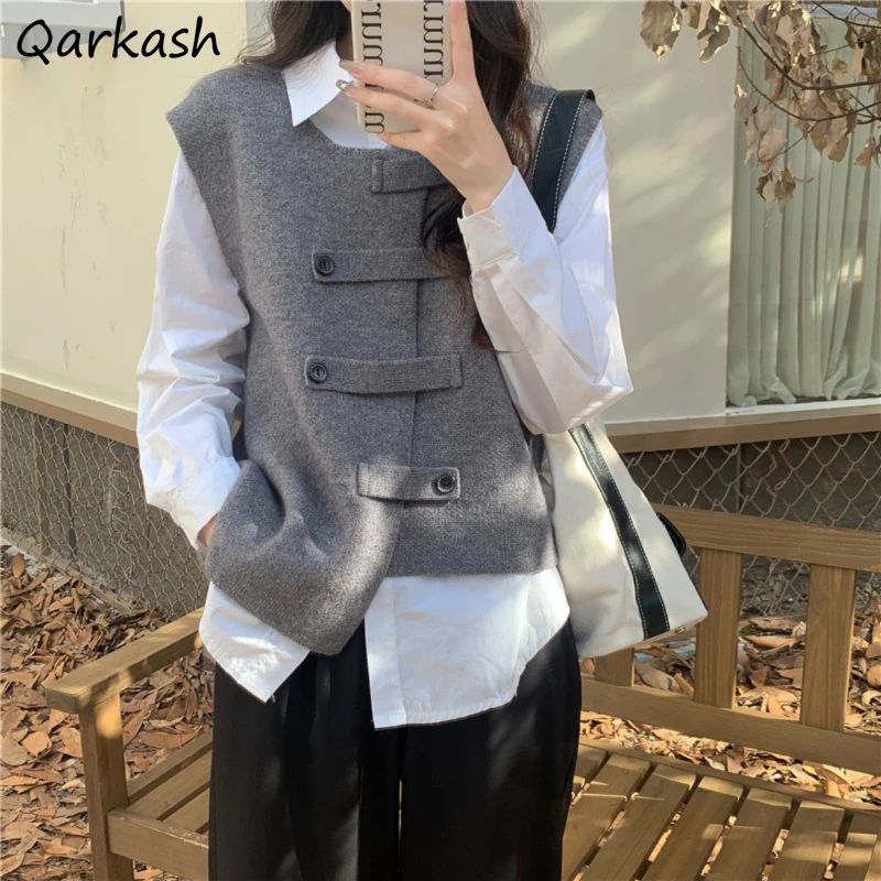 

Chic Irregular Button Women Sets Fashion Solid Simple Loose Leisure Popular Young Vests Girls All-match Shirts Cool New Ins BF