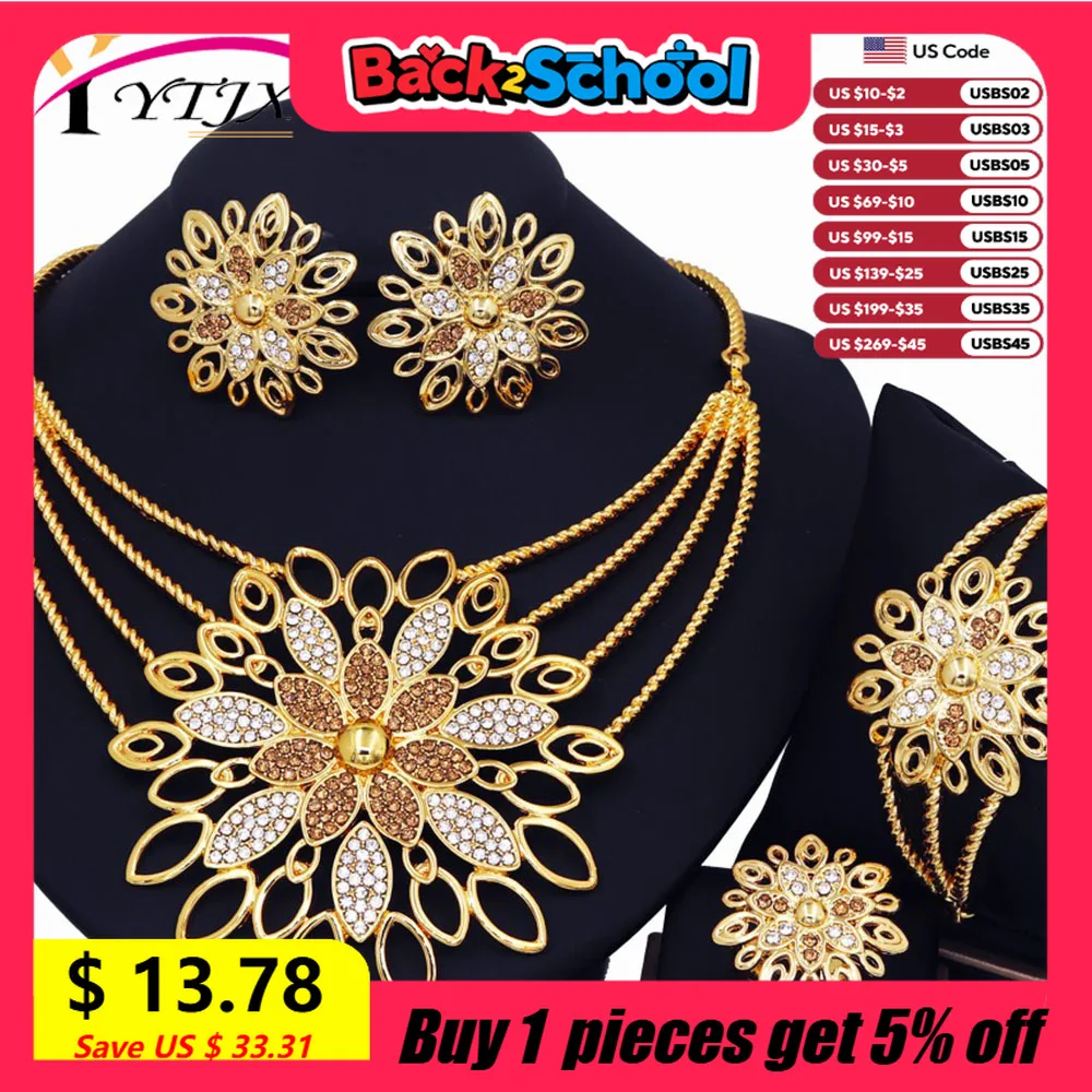 

YTJX Luxury Africal Wedding Jewelry Set 18K Gold Plated Big Flower Necklace Bracelet Earring Ring For Women 2025 Trendy New