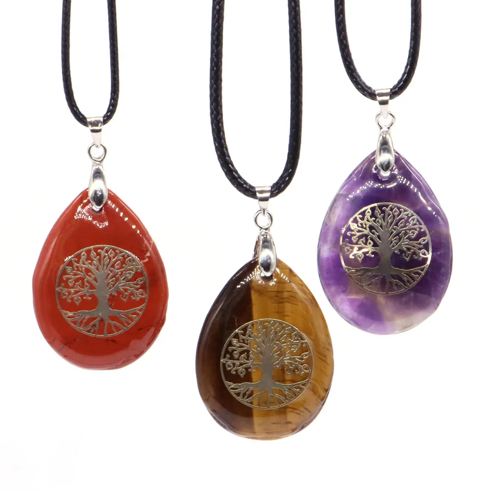 Water Drop Tree of Life Pendants Necklace Natural Healing Stone Amethyst Crystal Chakra Quartz Women Men Reiki Jewelry Love Gift