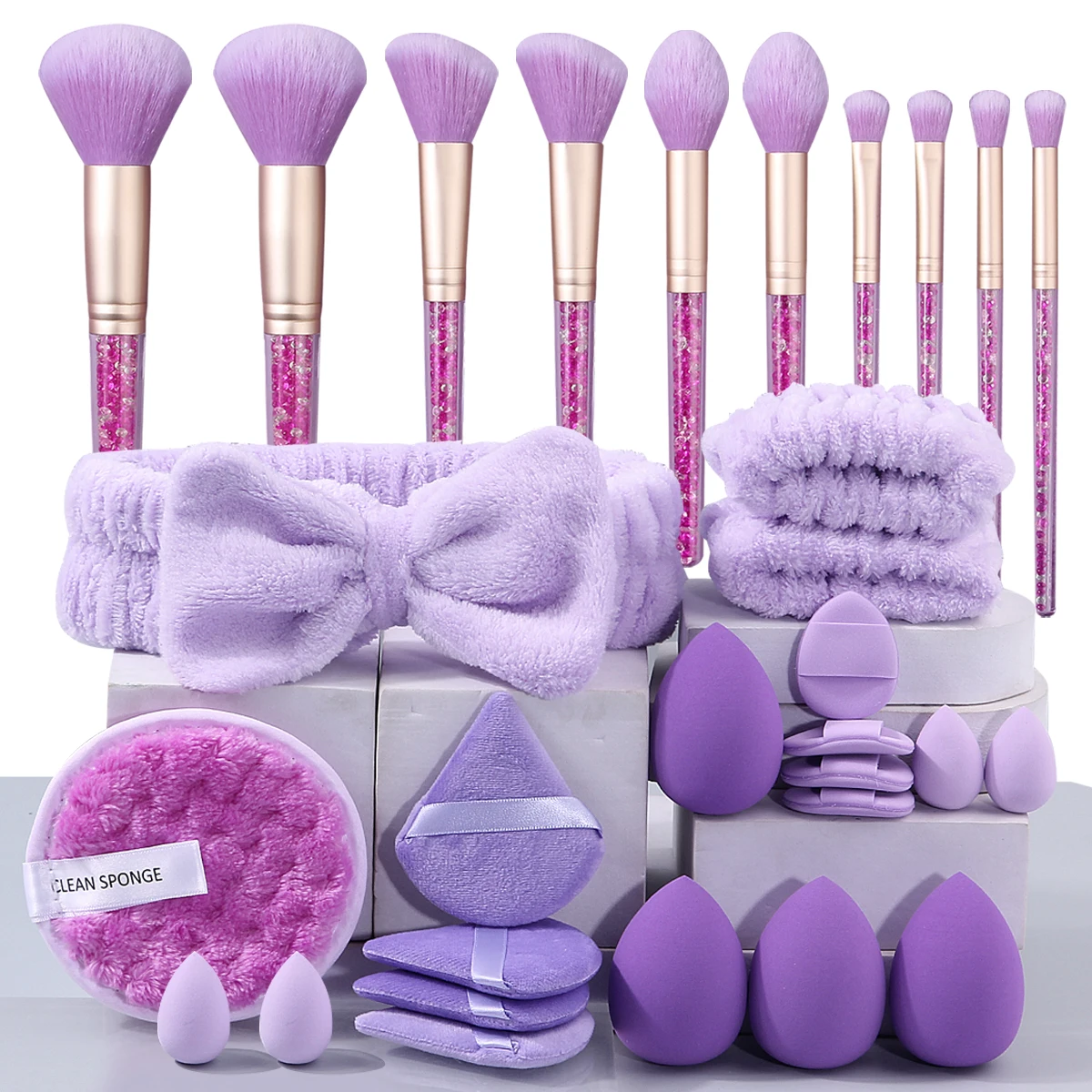 ชุดแปรงแต่งหน้าอเนกประสงค์ 30 ชิ้น รุ่น Purple series ด้ามจับประดับเพชร พร้อมพัฟฟองน้ำเนื้อนุ่ม/ชุดอุปกรณ์ทำความสะอาด