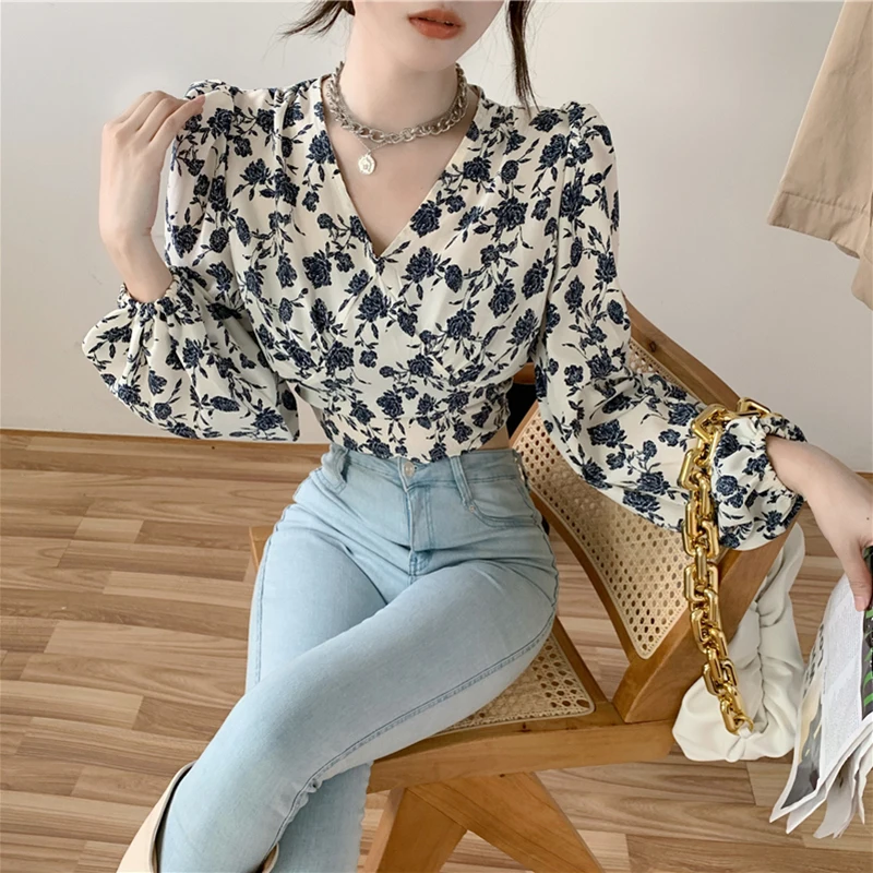 Y2k Floral Print Women Shirts Korean Elegant Slim Lace Up Female Blouse Autumn New V Neck Office Ladies Crop Tops