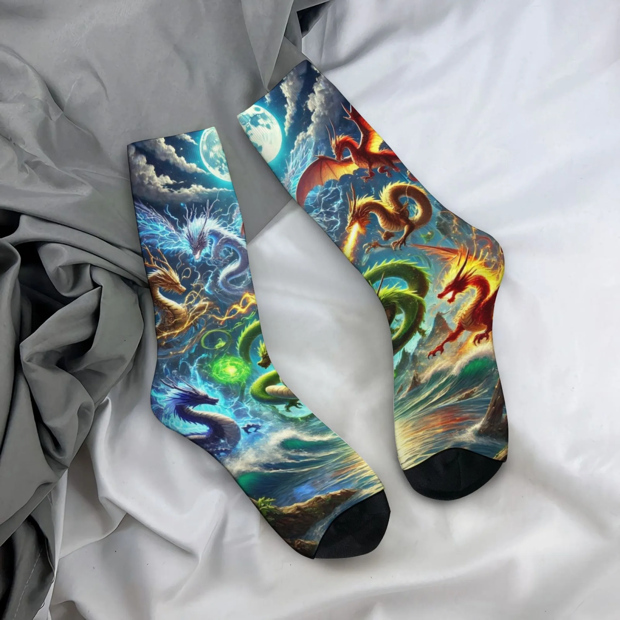 Novel Dragon Dance Print Men's Socks, Harajuku Retro Mythology Style, Casual Socks, Comfortable and Breathable, Gift Socks