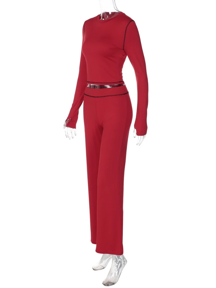 ชุดลำลองสองชิ้นสำหรับผู้หญิง สไตล์ไฮสตรีท สีพื้น คอกลม แขนยาว เสื้อครอปเข้ารูป กางเกงขาบาน แฟชั่นทันสมัย