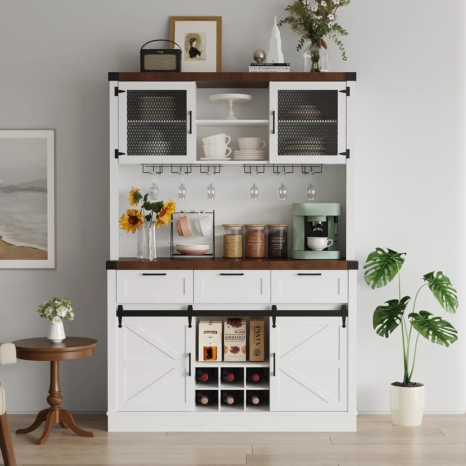 Farmhouse Bar Cabinet With Sliding Barn Door, Tall Kitchen Buffet Hutch Cabinet With Wine & Glasses Rack, Rustic Coffee Bar