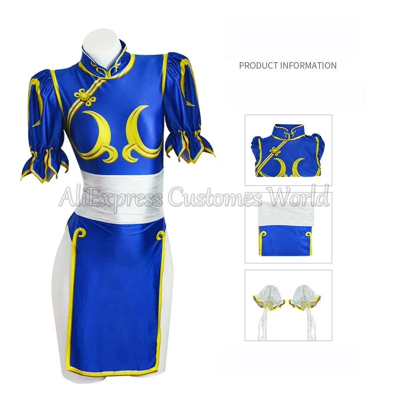 เกม Street Chun Li ชุดคอสเพลย์ Sutorito Faita สีฟ้า Cheongsam ชุดเข็มขัดหมวกผู้หญิงเสื้อผ้าผู้หญิงปาร์ตี้ฮาโลวีน