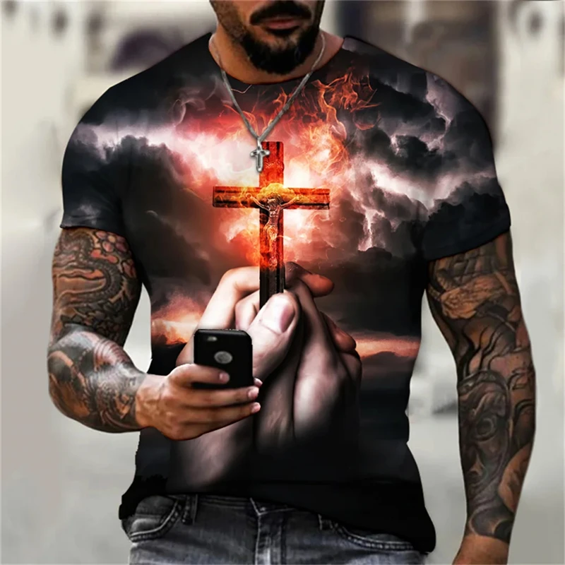 Christian Men Clothing T Shirts Oversized T-shirt Gothic Jesus Christ Cross 3D Print O-neck Tops Vintage Personality Unisex Tees