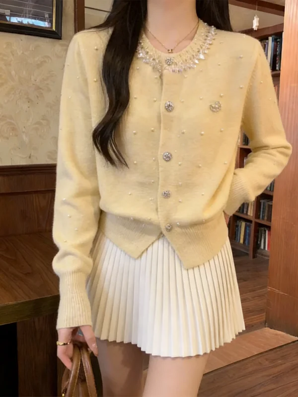 

Ele ort Knitted Cardigan Pearl Decorated round Ne Women's Faion Design College Sle Pin Ba Soft Long Sve Sweater