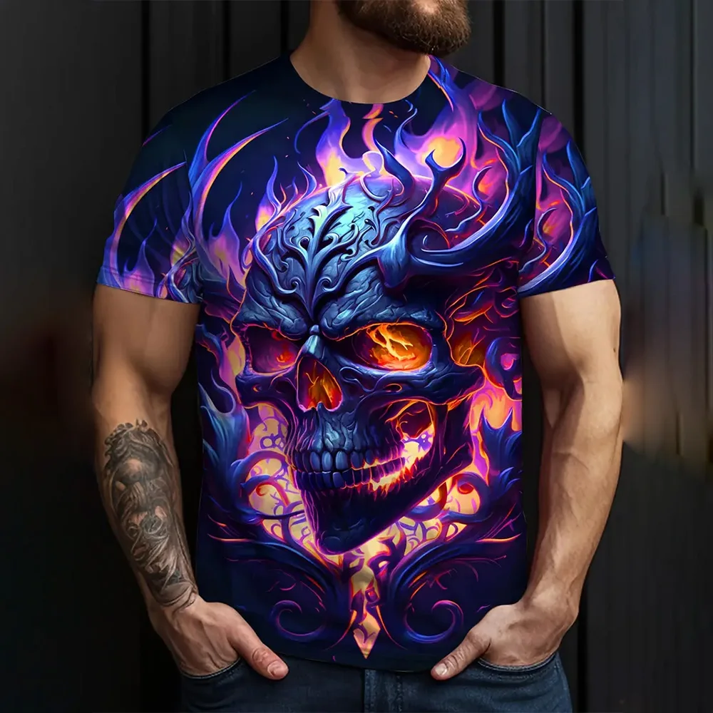 Summer short-sleeved T-shirt, suitable for Halloween, plus-size men's costume with 3D printed skulls and flames