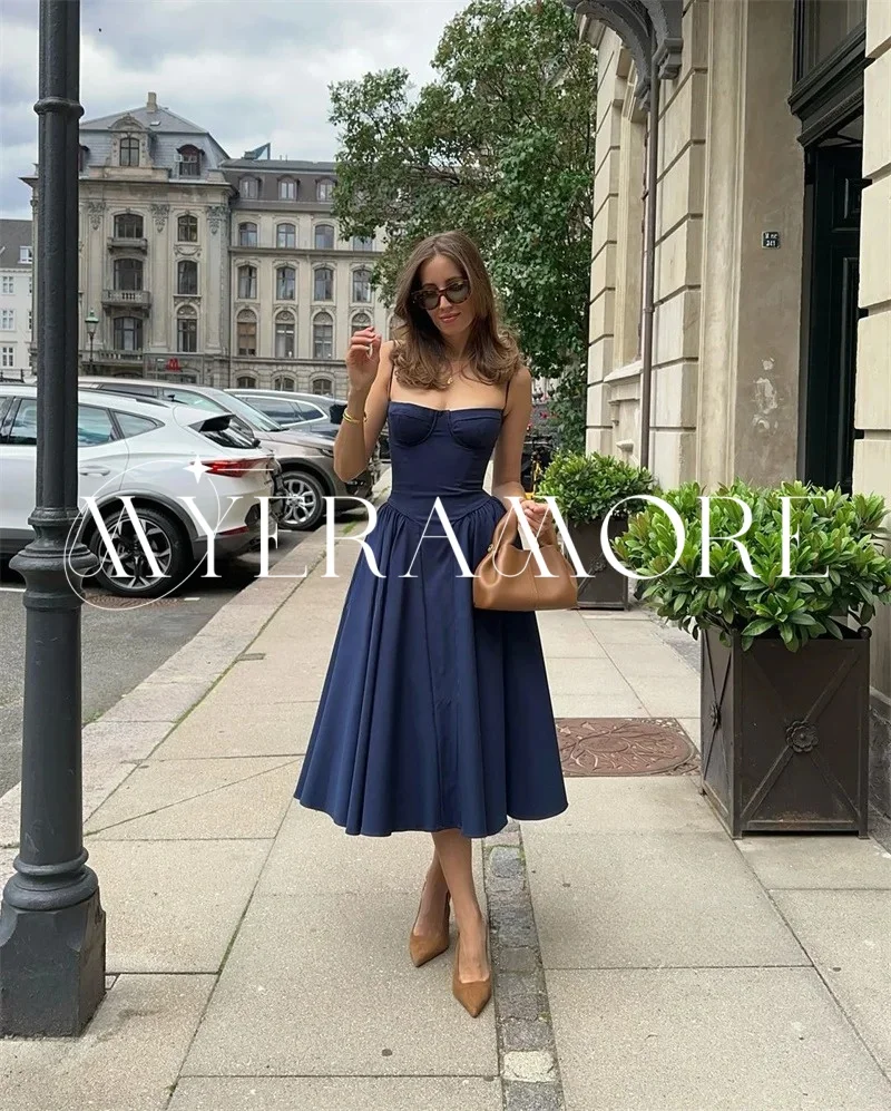 

Elegant Spaghetti Straps Prom Dresses for Women Square Collar A Line Tea-Length Evening Dresses Customized فساتين سهرة