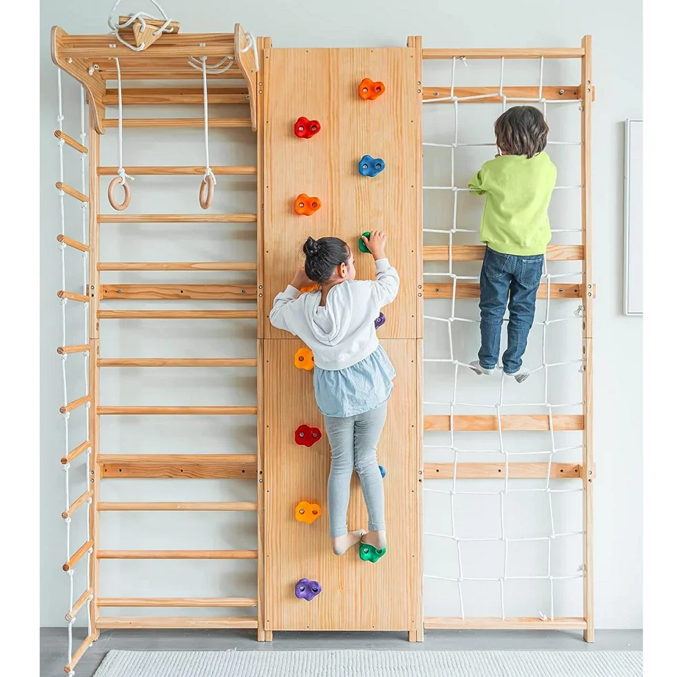 9-in-1 Ladder Wall Gym Set Trapeze Rock Wall Climber Montessori Climbing Equipment With Slide Pull-up Bar Ladder And Swing